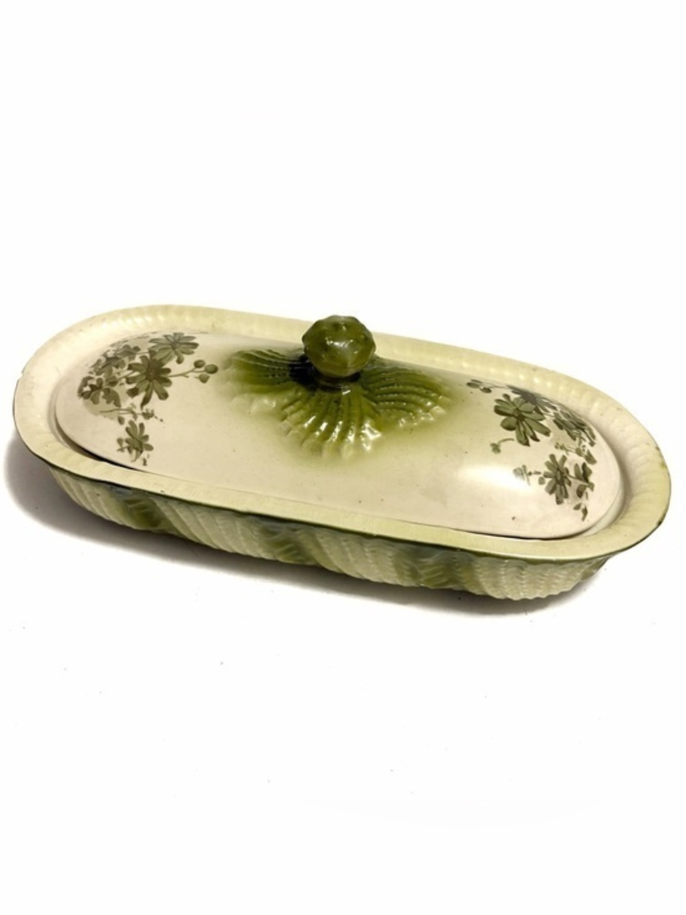 Antique Green and Cream Butter Dish with Floral Motif